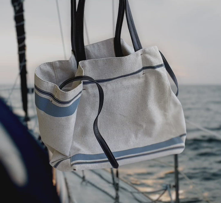 Large Canvas Tote With Black Leather Handles