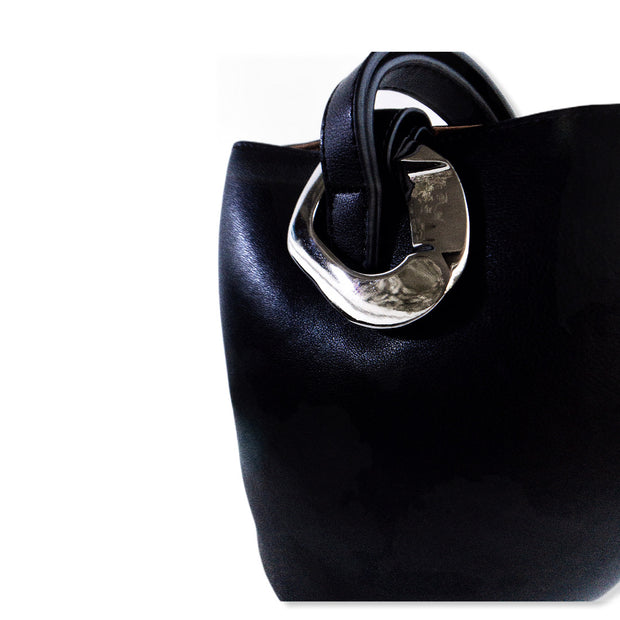 Black Leather Tote Bag With Silver Hardware